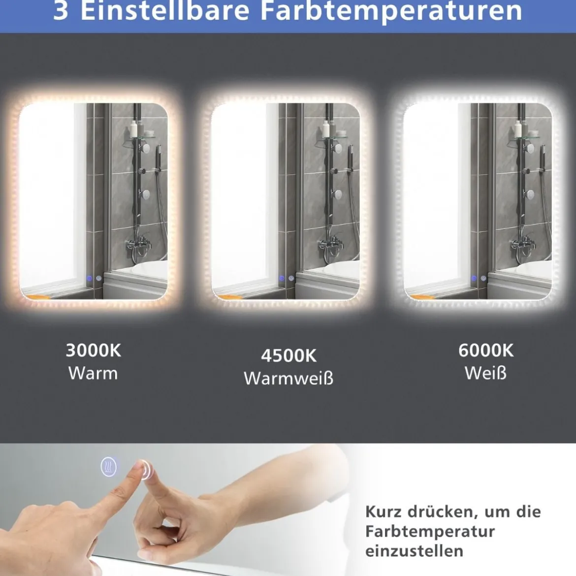 Bruchsicherer Wandspiegel mit Dimmbaren 3 Farbtemperaturen IP44 80 x 60 cm
