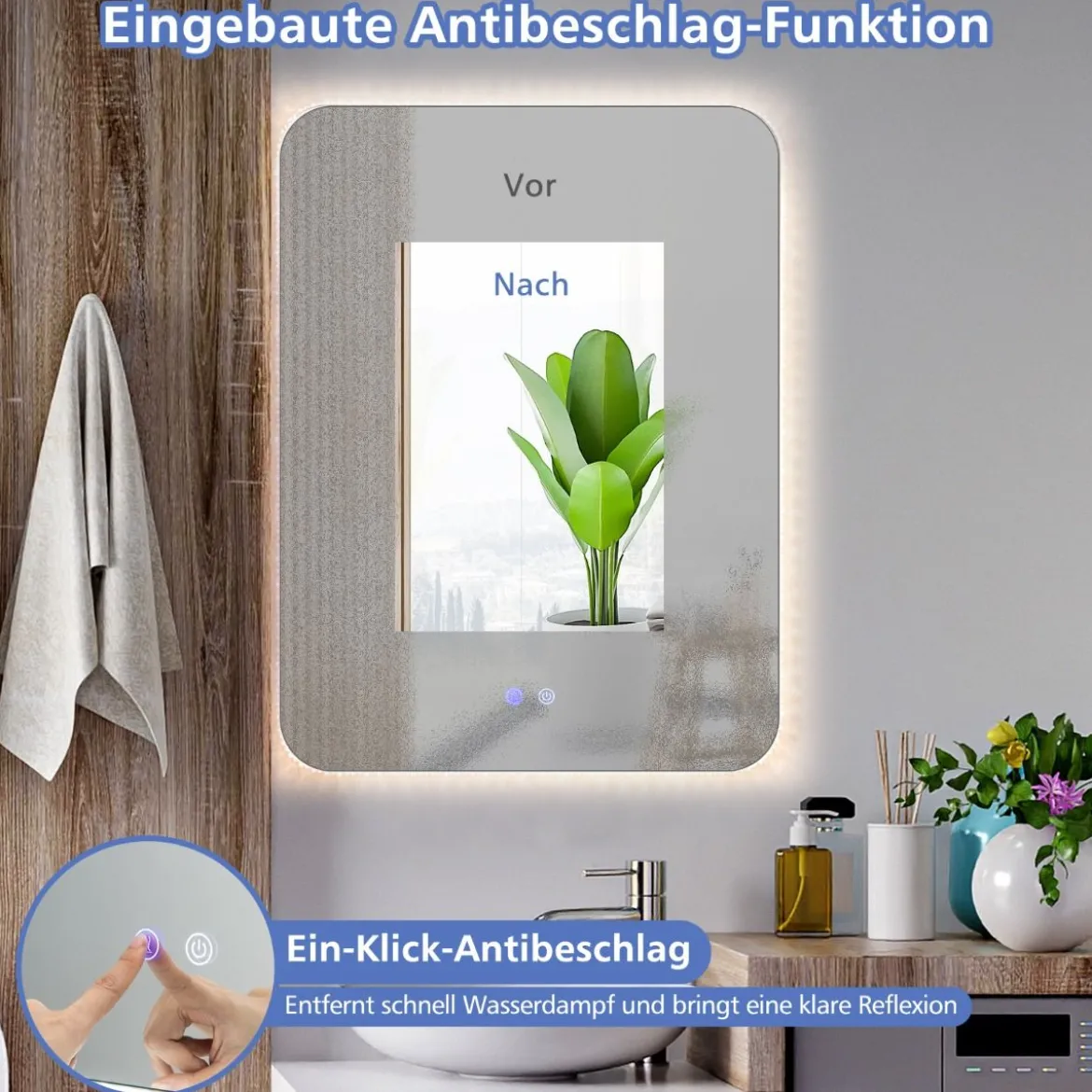 Bruchsicherer Wandspiegel mit Dimmbaren 3 Farbtemperaturen IP44 80 x 60 cm