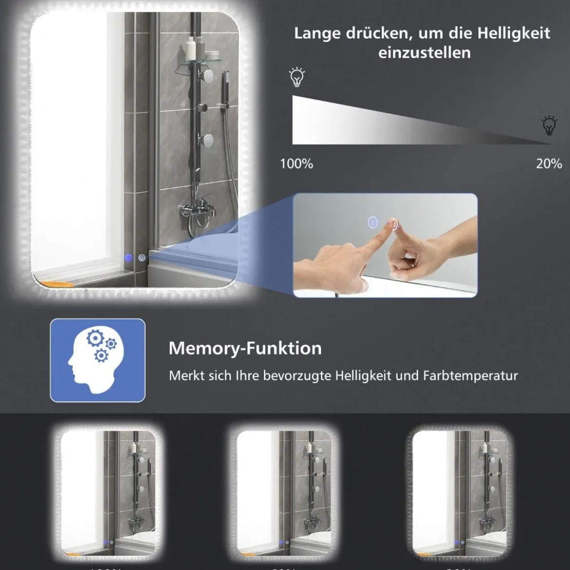 Bruchsicherer Wandspiegel mit Dimmbaren 3 Farbtemperaturen IP44 80 x 60 cm