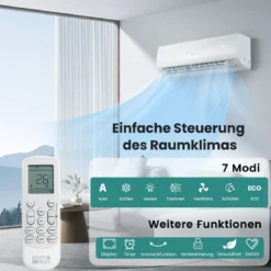 9000 BTU (2,6 kW) Mini Split Klimaanlage A++ Energieeffizientes Klimagerät mit Wärmepumpensystem für Räume bis zu 42㎡ Weiß