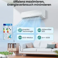 9000 BTU (2,6 kW) Mini Split Klimaanlage A++ Energieeffizientes Klimagerät mit Wärmepumpensystem für Räume bis zu 42㎡ Weiß