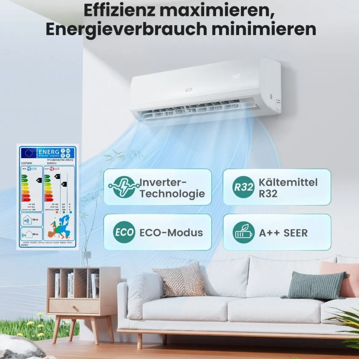 9000 BTU (2,6 kW) Mini Split Klimaanlage A++ Energieeffizientes Klimagerät mit Wärmepumpensystem für Räume bis zu 42㎡ Weiß