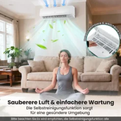 9000 BTU (2,6 kW) Mini Split Klimaanlage A++ Energieeffizientes Klimagerät mit Wärmepumpensystem für Räume bis zu 42㎡ Weiß