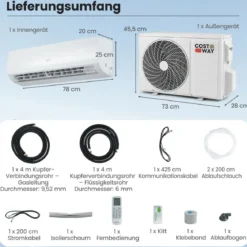 9000 BTU (2,6 kW) Mini Split Klimaanlage A++ Energieeffizientes Klimagerät mit Wärmepumpensystem für Räume bis zu 42㎡ Weiß