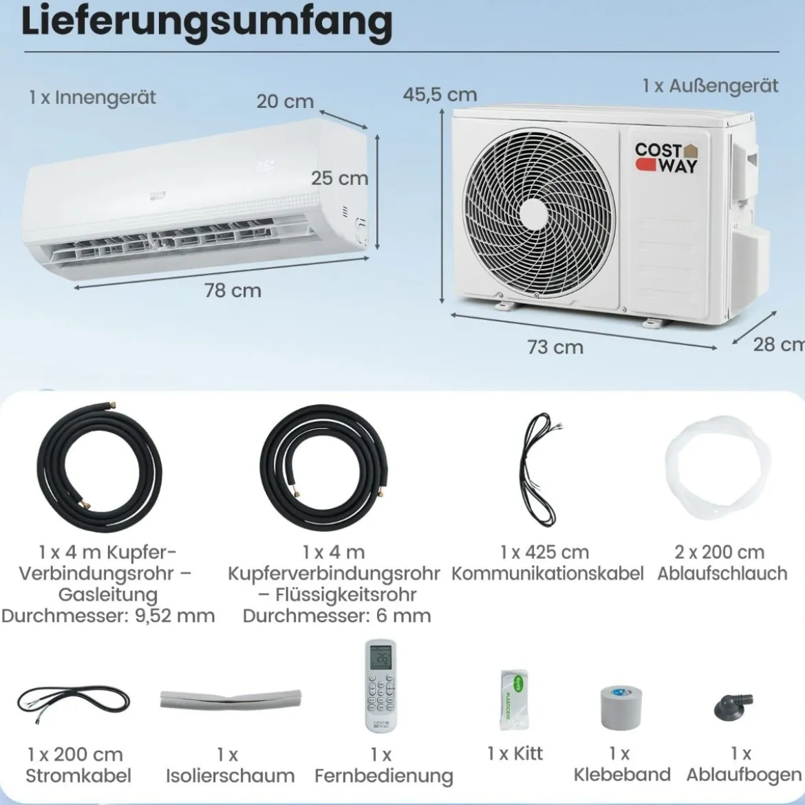 9000 BTU (2,6 kW) Mini Split Klimaanlage A++ Energieeffizientes Klimagerät mit Wärmepumpensystem für Räume bis zu 42㎡ Weiß
