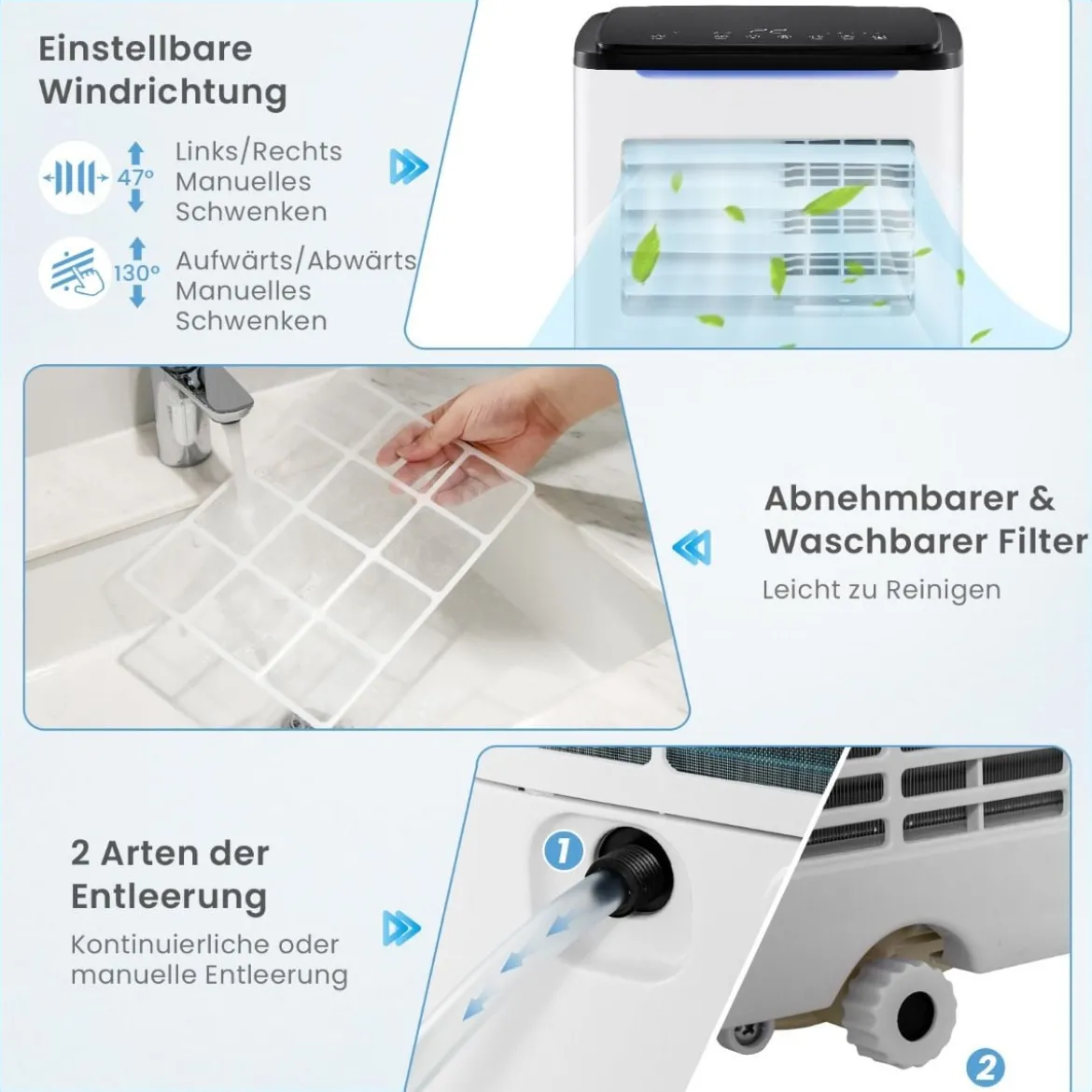 9000 BTU mobile Klimaanlage mit Abluftschlauch 4 in 1 Klimagerät mit Kühlen Weiß