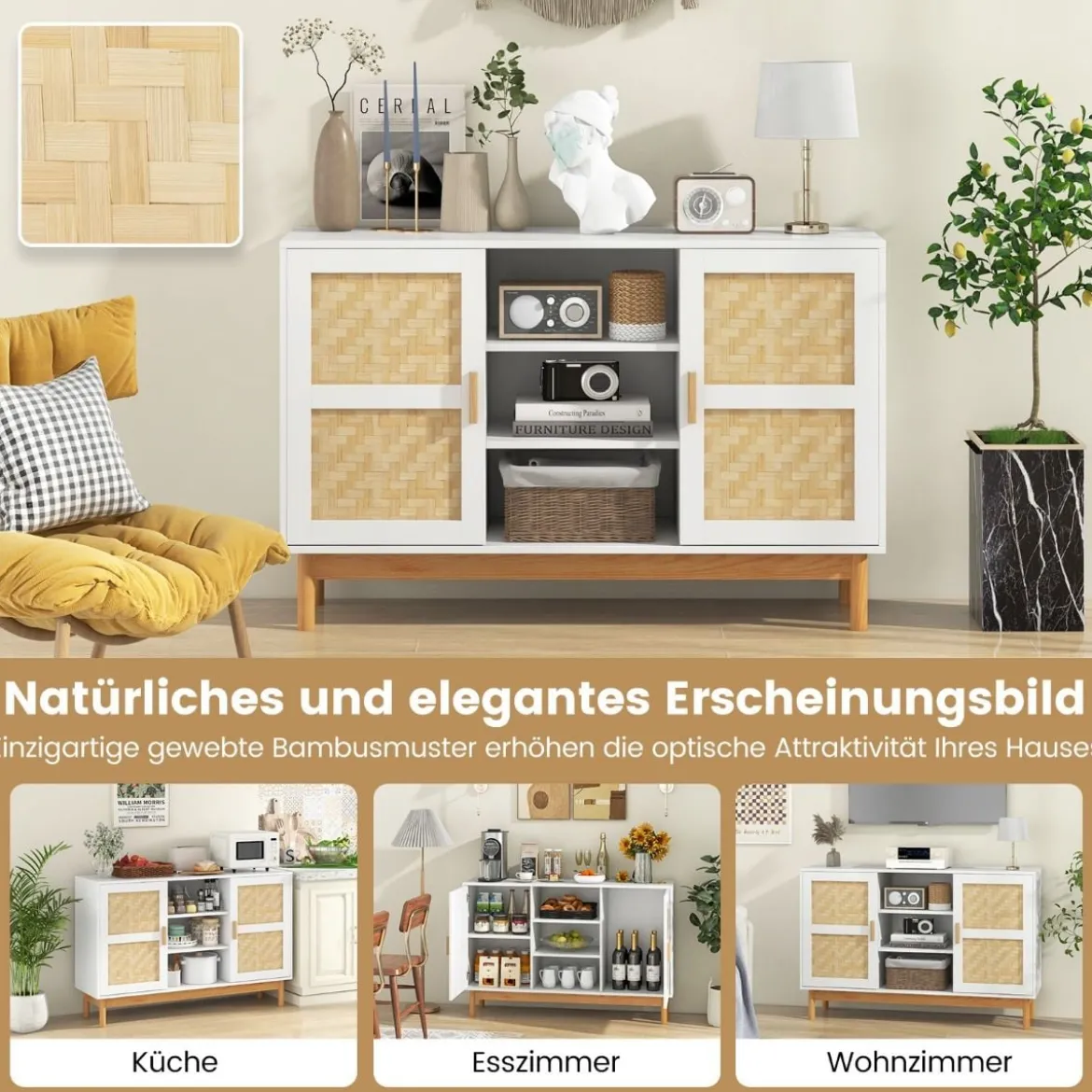 Buffetschrank aus Holz Küchenschrank mit 2 Bambustüren & 3 offenen Regalen 120 x 35 x 78 cm Natur + Weiß