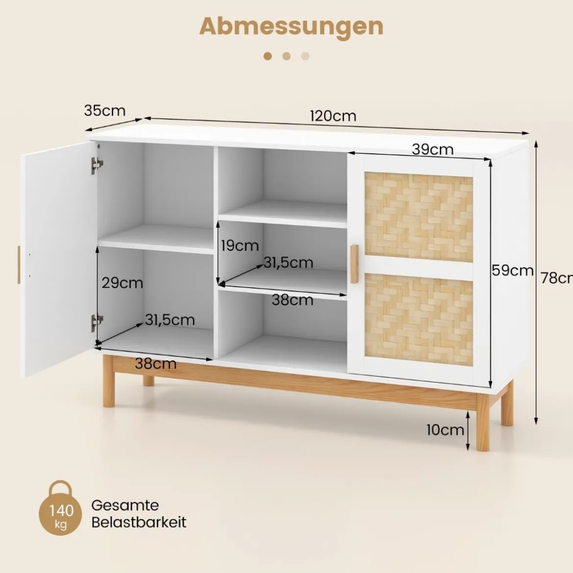 Buffetschrank aus Holz Küchenschrank mit 2 Bambustüren & 3 offenen Regalen 120 x 35 x 78 cm Natur + Weiß