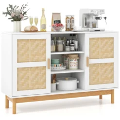 Buffetschrank aus Holz Küchenschrank mit 2 Bambustüren & 3 offenen Regalen 120 x 35 x 78 cm Natur + Weiß