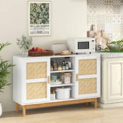 Buffetschrank aus Holz Küchenschrank mit 2 Bambustüren & 3 offenen Regalen 120 x 35 x 78 cm Natur + Weiß