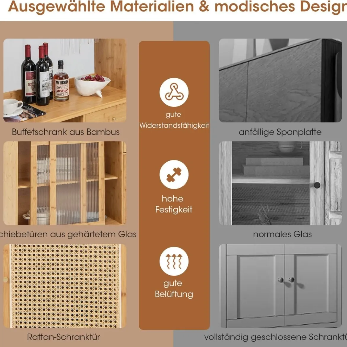 Buffetschrank mit Aufsatz Küchenschrank Bambus 120 x 35 x 175 cm Naur