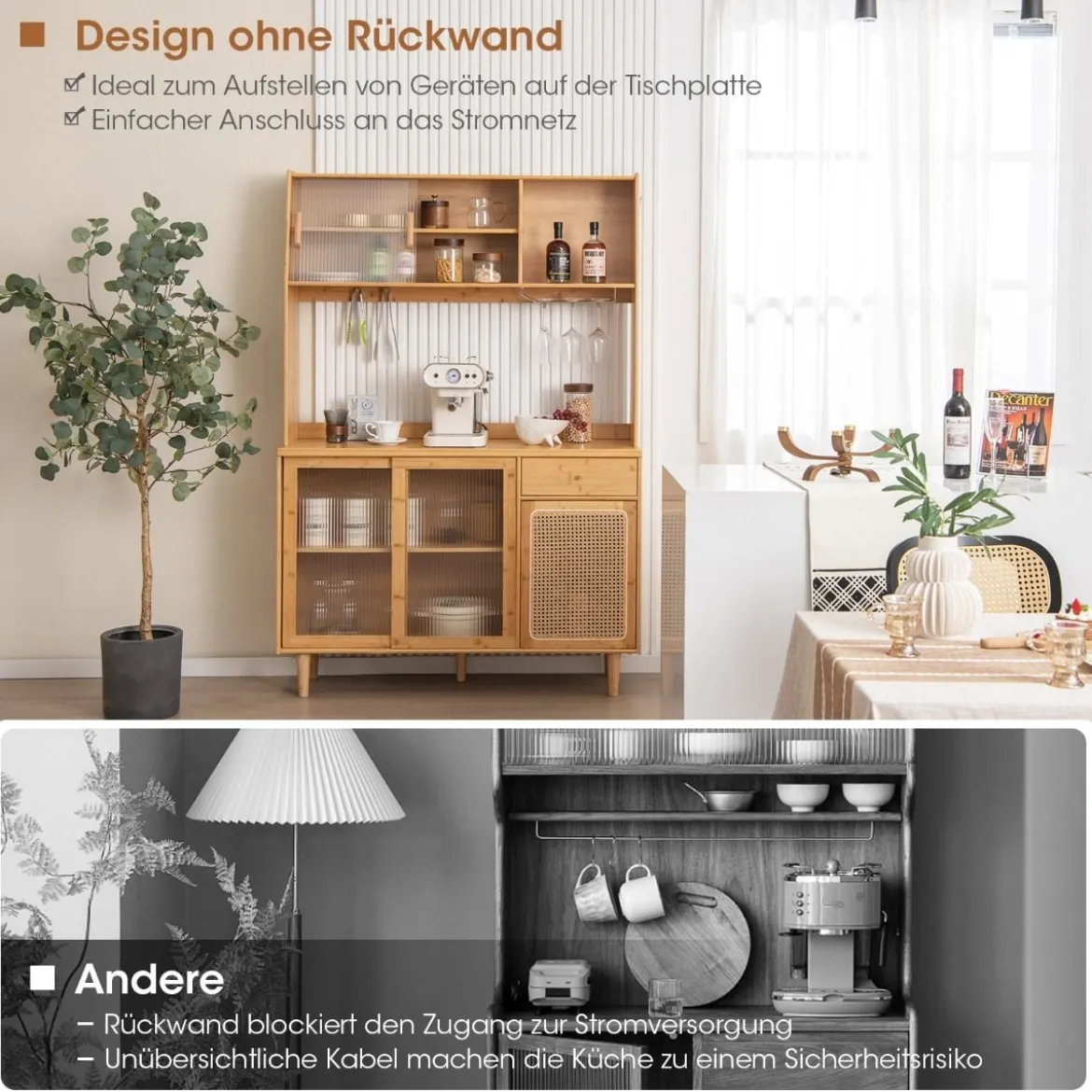 Buffetschrank mit Aufsatz Küchenschrank Bambus 120 x 35 x 175 cm Naur