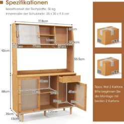 Buffetschrank mit Aufsatz Küchenschrank Bambus 120 x 35 x 175 cm Naur