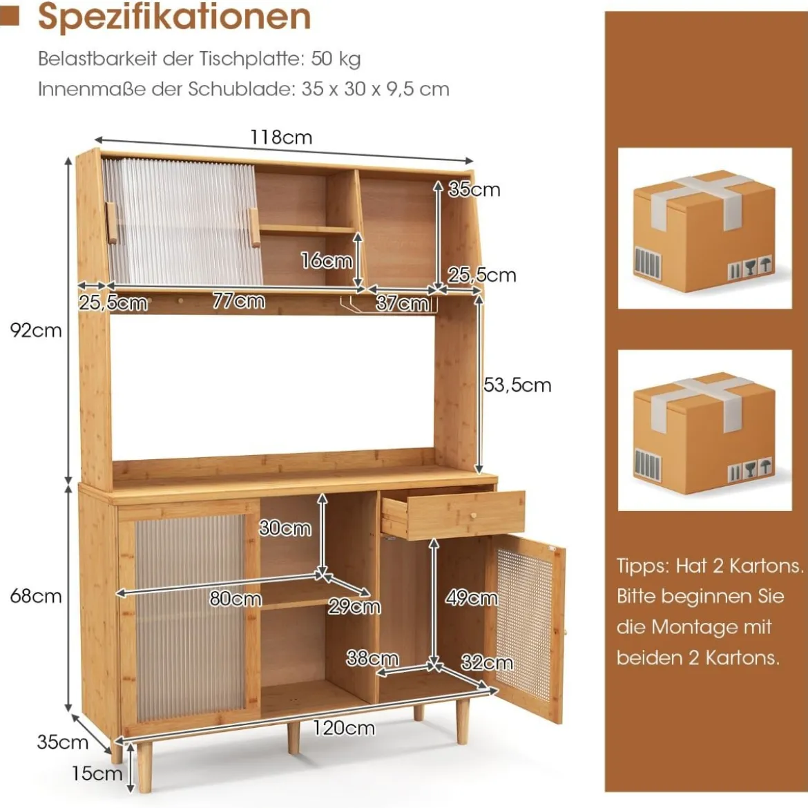 Buffetschrank mit Aufsatz Küchenschrank Bambus 120 x 35 x 175 cm Naur