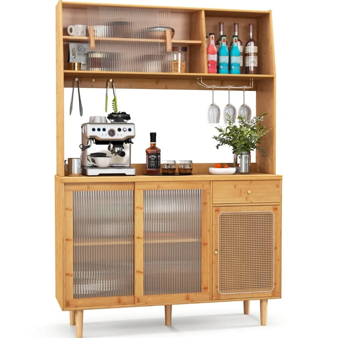 Buffetschrank mit Aufsatz Küchenschrank Bambus 120 x 35 x 175 cm Naur