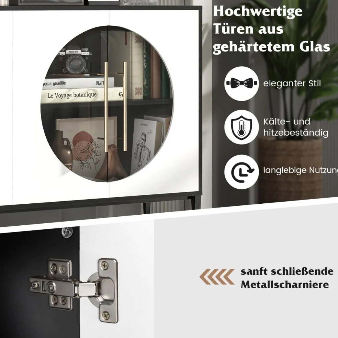 Buffetschrank mit Glastüren & Metallbeinen Sideboard Küchenschrank Weiß + Schwarz