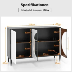 Buffetschrank mit Glastüren & Metallbeinen Sideboard Küchenschrank Weiß + Schwarz