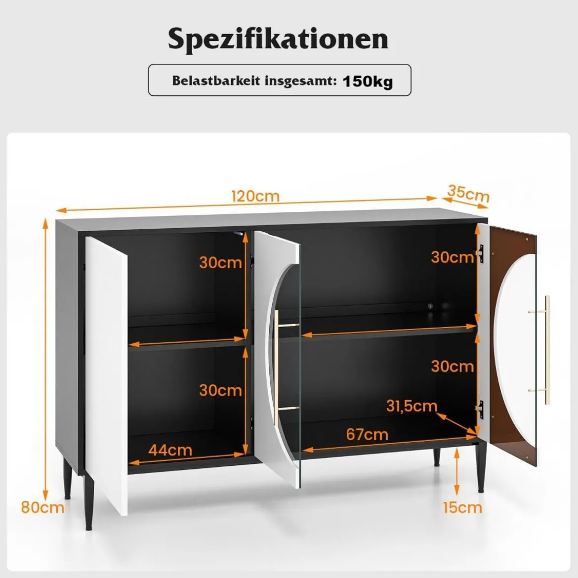 Buffetschrank mit Glastüren & Metallbeinen Sideboard Küchenschrank Weiß + Schwarz