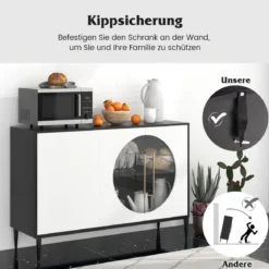 Buffetschrank mit Glastüren & Metallbeinen Sideboard Küchenschrank Weiß + Schwarz