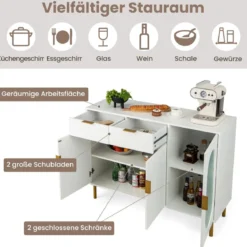 Buffetschrank mit Glastüren Sideboard mit 2 Schubladen & Metallbeinen 120 x 40 x 88 cm Weiß