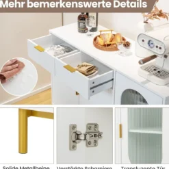 Buffetschrank mit Glastüren Sideboard mit 2 Schubladen & Metallbeinen 120 x 40 x 88 cm Weiß