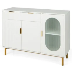 Buffetschrank mit Glastüren Sideboard mit 2 Schubladen & Metallbeinen 120 x 40 x 88 cm Weiß