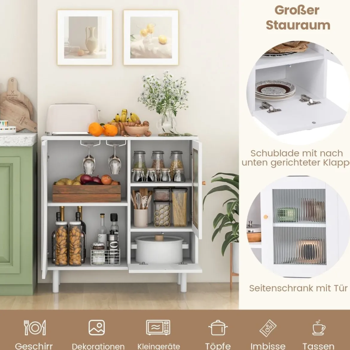 Buffetschrank mit Glastür & Offenem Regal & Metallbeinen Sideboard 80 x 30 x 80 cm Weiß