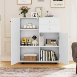 Buffetschrank mit 2 Schubladen & 2 Türen & 3 Verstellbaren Regalen Sideboard Vorratsschrank Weiß