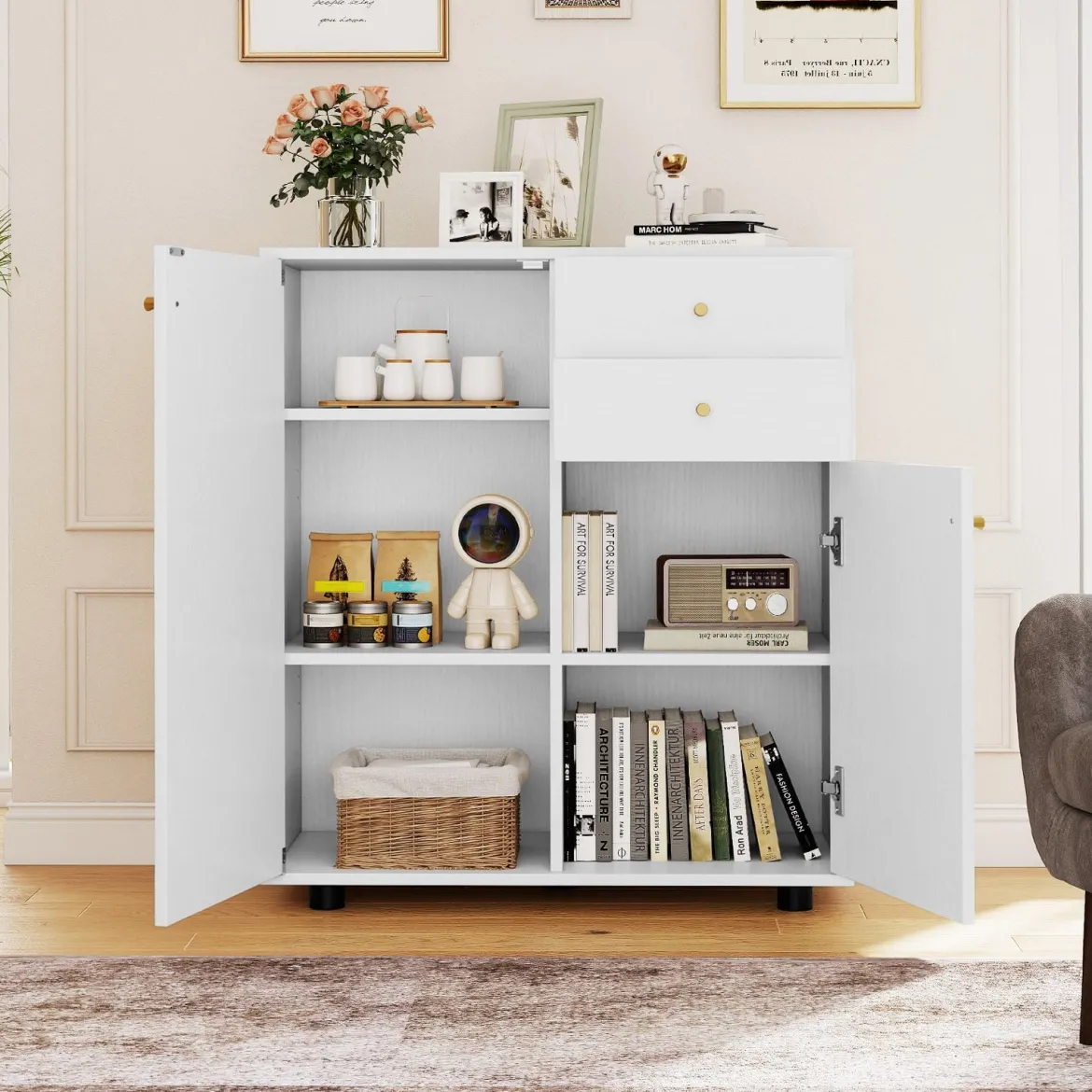 Buffetschrank mit 2 Schubladen & 2 Türen & 3 Verstellbaren Regalen Sideboard Vorratsschrank Weiß