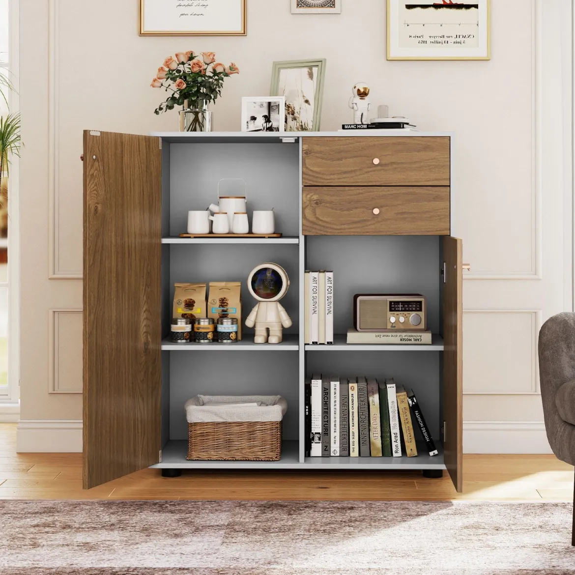 Buffetschrank mit 2 Schubladen & 2 Türen & 3 Verstellbaren Regalen Sideboard Vorratsschrank Natur