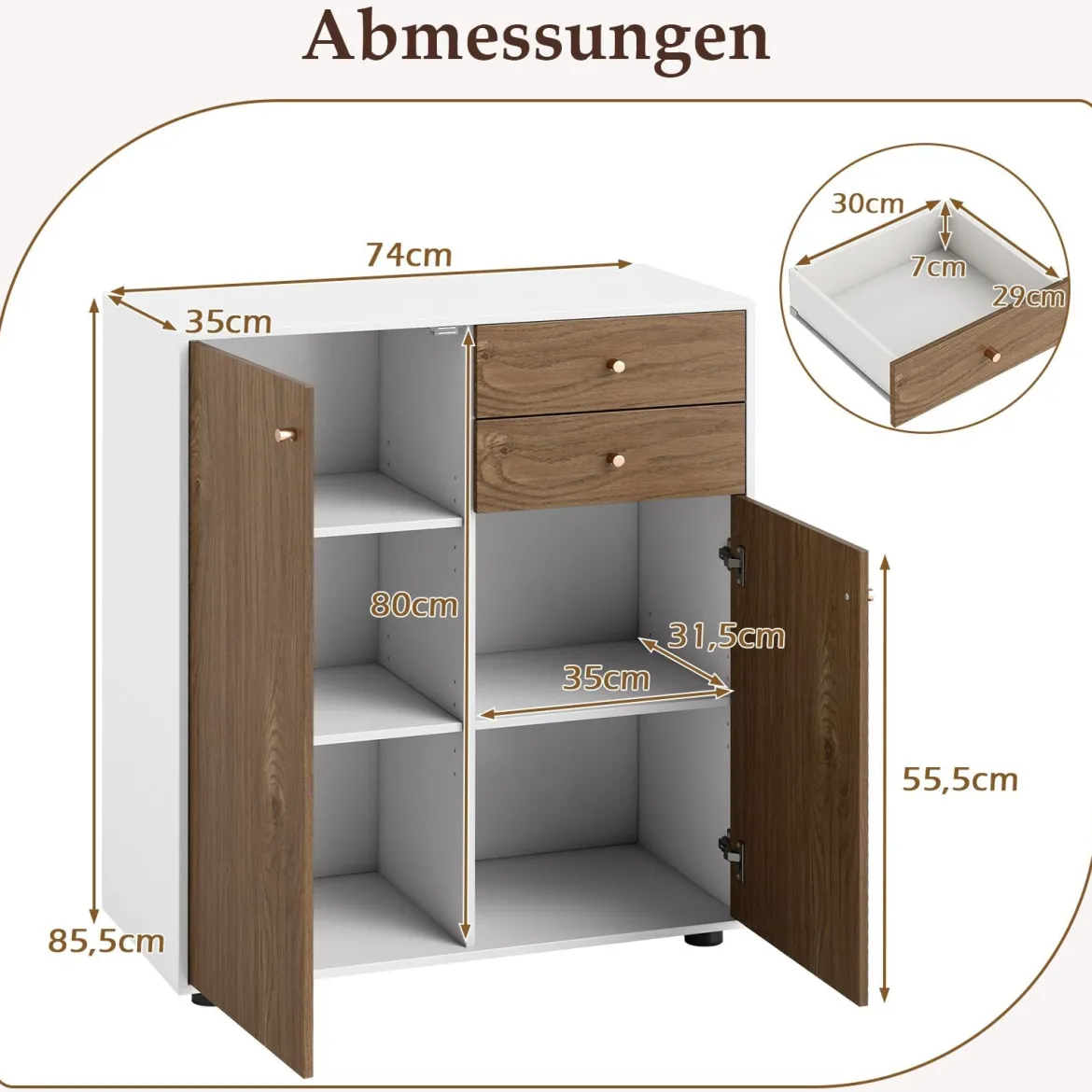 Buffetschrank mit 2 Schubladen & 2 Türen & 3 Verstellbaren Regalen Sideboard Vorratsschrank Natur