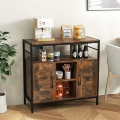 Buffet Schrank mit 2 Türen & Offenen Fächern & Verstellbaren Regalen & 3 Haken Sideboard