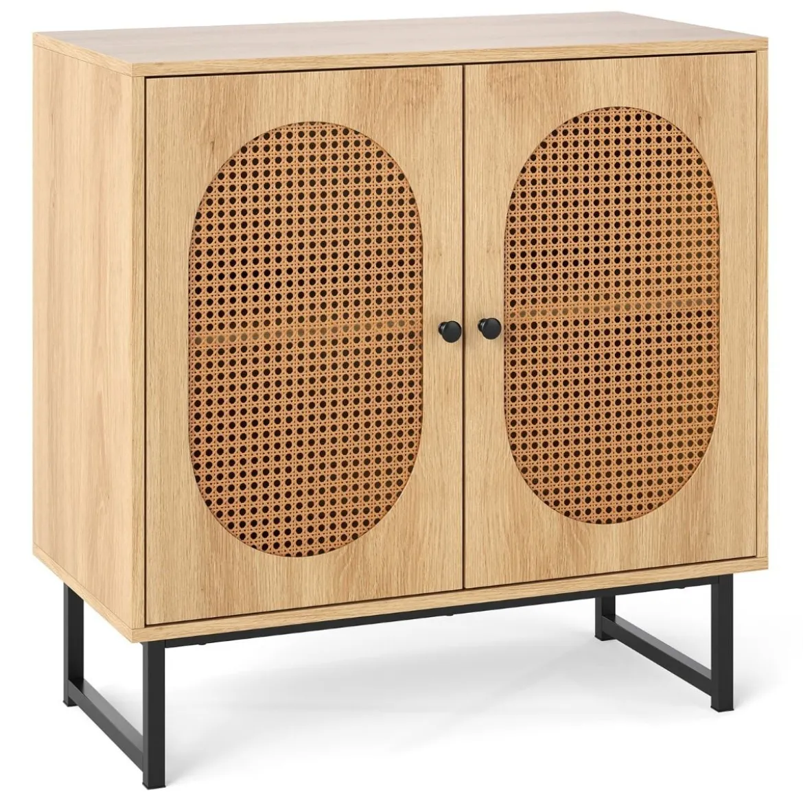 Buffetschrank stabiler Rattan-Lagerschrank mit 2 Türen verstellbares Regal & Metallbeine Natur