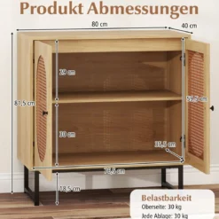 Buffetschrank stabiler Rattan-Lagerschrank mit 2 Türen verstellbares Regal & Metallbeine Natur