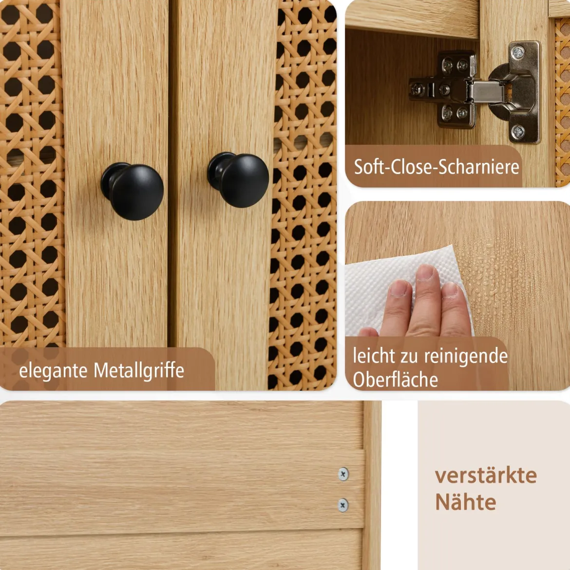 Buffetschrank stabiler Rattan-Lagerschrank mit 2 Türen verstellbares Regal & Metallbeine Natur