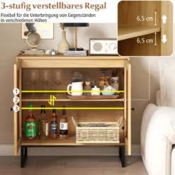 Buffetschrank stabiler Rattan-Lagerschrank mit 2 Türen verstellbares Regal & Metallbeine Natur