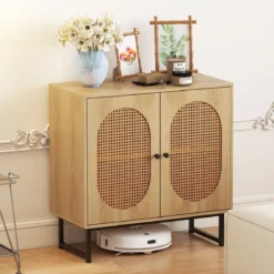 Buffetschrank stabiler Rattan-Lagerschrank mit 2 Türen verstellbares Regal & Metallbeine Natur