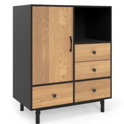 Buffet-Sideboard Mittelalter moderner Aufbewahrungsschrank mit 4 Schubladen & offenem Fach Schwarz
