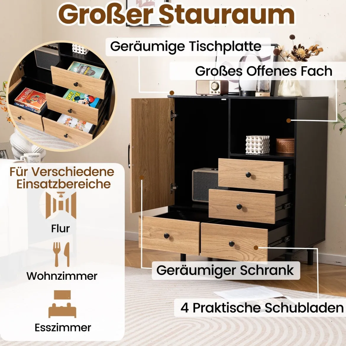 Buffet-Sideboard Mittelalter moderner Aufbewahrungsschrank mit 4 Schubladen & offenem Fach Schwarz