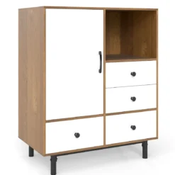 Buffet-Sideboard Mittelalter moderner Aufbewahrungsschrank mit 4 Schubladen & offenem Fach Natur