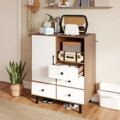 Buffet-Sideboard Mittelalter moderner Aufbewahrungsschrank mit 4 Schubladen & offenem Fach Natur