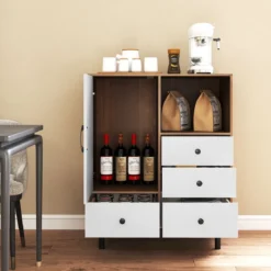Buffet-Sideboard Mittelalter moderner Aufbewahrungsschrank mit 4 Schubladen & offenem Fach Natur