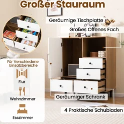 Buffet-Sideboard Mittelalter moderner Aufbewahrungsschrank mit 4 Schubladen & offenem Fach Natur
