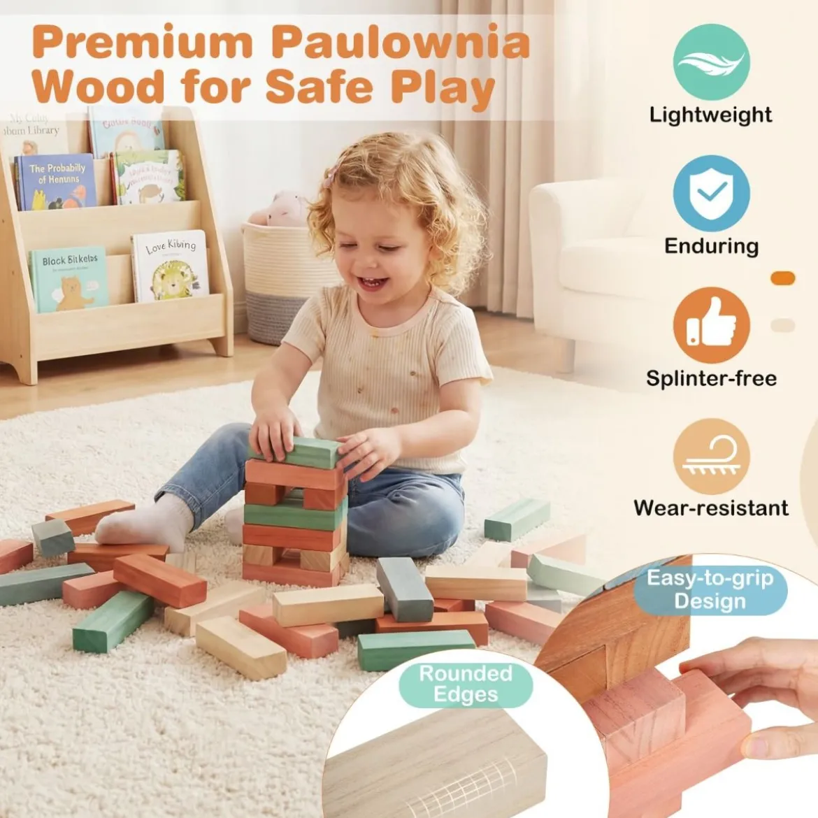 Buntes Holz Stapelspiel 54 Teile Wackelturm mit Tasche für Kinder ab 3 Jahren Mehrfarbig