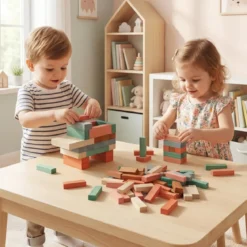 Buntes Holz Stapelspiel 54 Teile Wackelturm mit Tasche für Kinder ab 3 Jahren Mehrfarbig