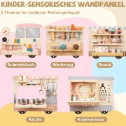 Busy board im Zugform für Kinder Wandmontiertes Activity Board mit Kommode Werkzeugkasten Spielküche Bunt