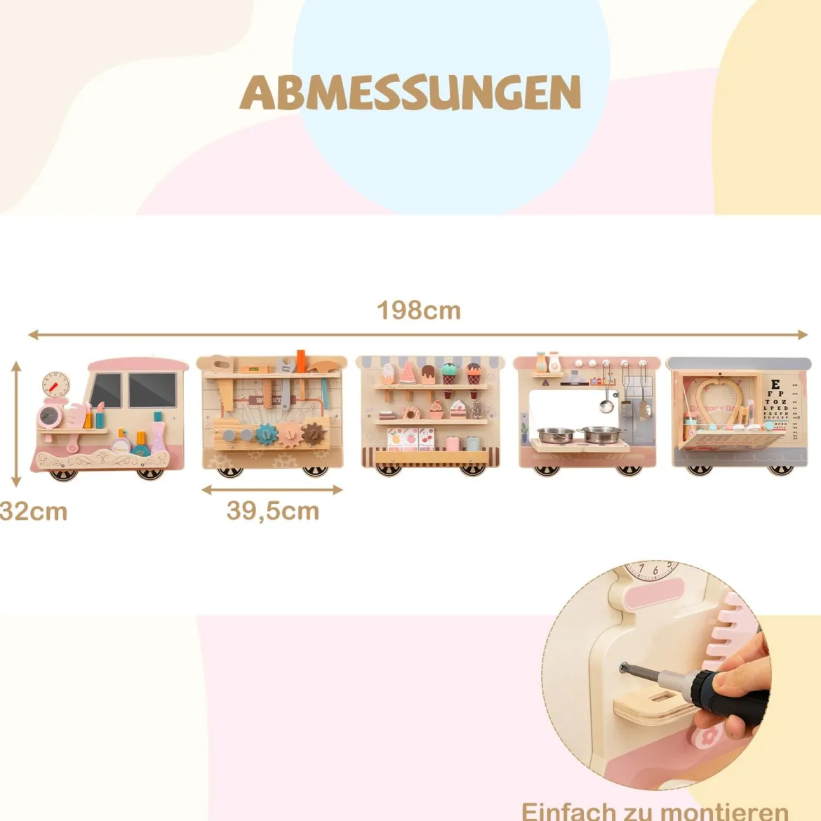 Busy board im Zugform für Kinder Wandmontiertes Activity Board mit Kommode Werkzeugkasten Spielküche Bunt