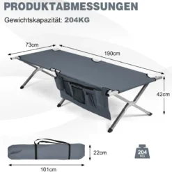 Campingbett Feldbett klappbares Campingbett Einzelbett Faltbett mit Seitentasche 600D Oxfordstoff 190 x 73 x 42cm Grau