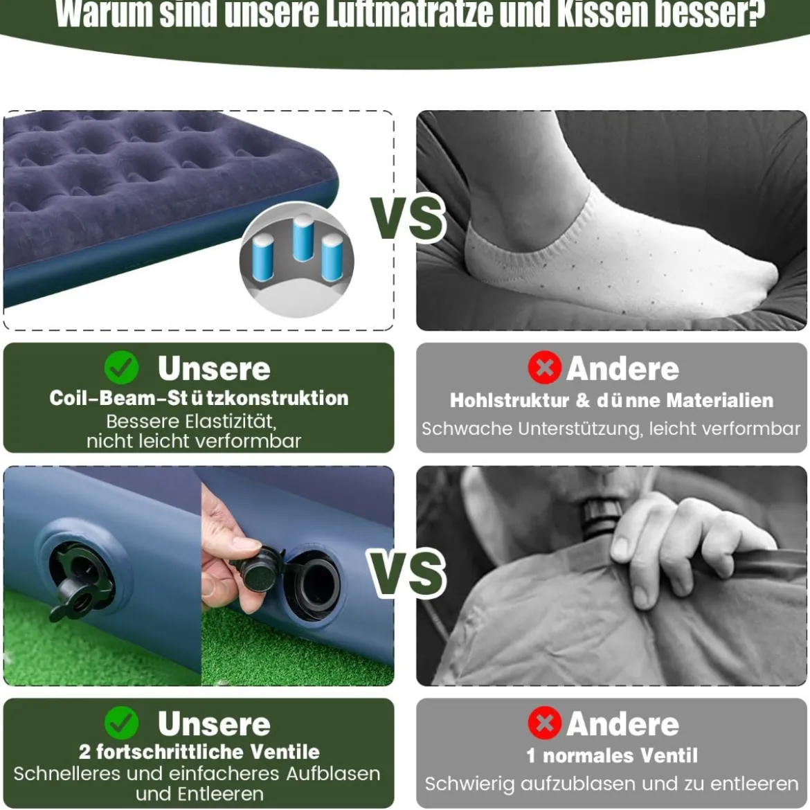 Campingbett mit Vorzelt & Luftmatratze & Schlafsack & Kissen Campingliege mit Tragetasche