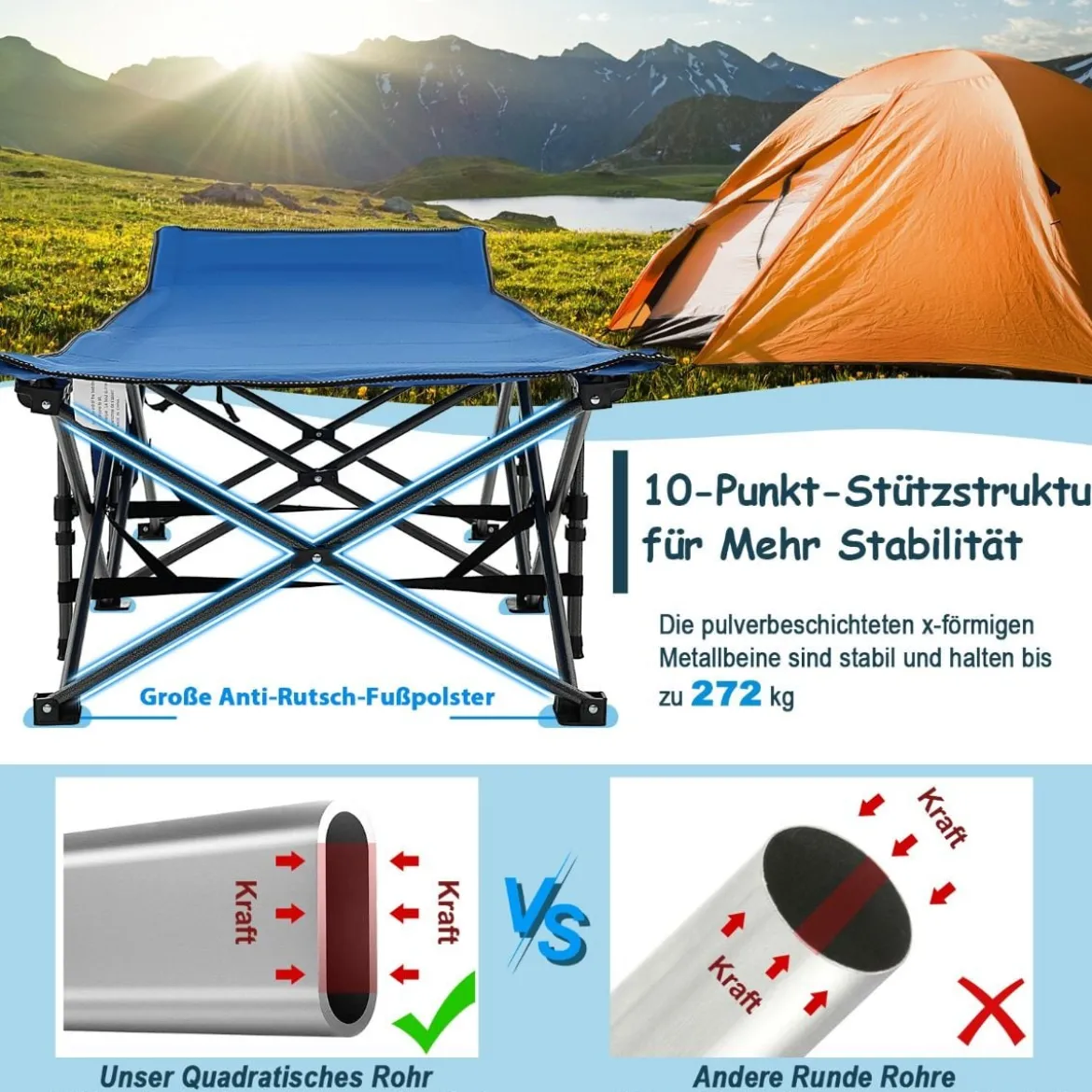 Campingbett Strapazierfähiges Reisebett mit Kopfstütze 190 x 70 x 54 cm Blau